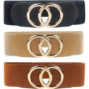 Women's Elastic Wide Waist Belt Faux Leather Metal Buckle Casual Dress